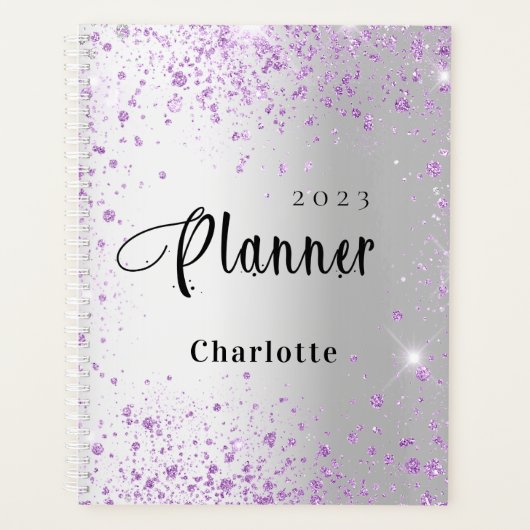 Zilveren lavendel violet glitter naam 2026 planner (Voorkant)