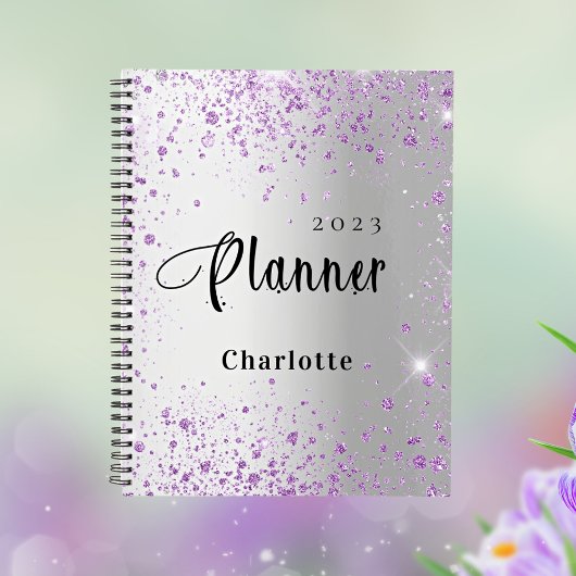 Zilveren lavendel violet glitter naam 2026 planner