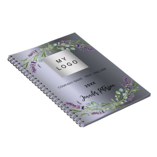 Zilveren lavendel violette bloem bedrijslogo notitieboek (Rechterzijde)