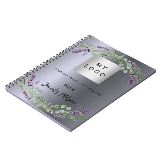 Zilveren lavendel violette bloem bedrijslogo notitieboek (Linkerzijde)
