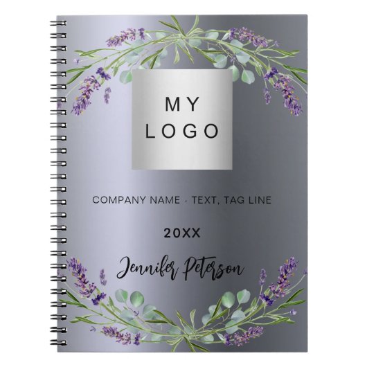 Zilveren lavendel violette bloem bedrijslogo notitieboek (Voorkant)