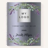 Zilveren lavendel violette bloemen bedrijfslogo notitieboek (Voorkant)
