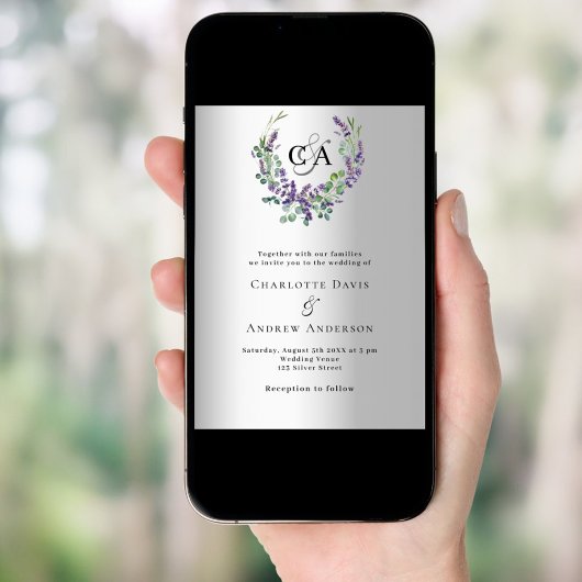 Zilveren lavendel violette bloemen monogram bruilo kaart