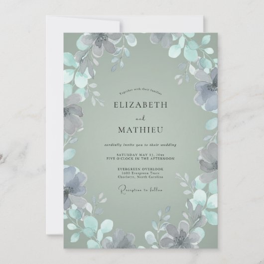 Zilveren Leigroene Blad Eucalyptus Bruiloft Kaart (Voorkant)
