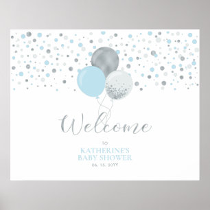 Zilveren & Lichtblauwe Ballonnen Welkom Baby Sho Poster