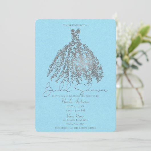 Zilveren & Lichtblauwe Botanische Trouwjurk Bruids Kaart (Staand voorkant)