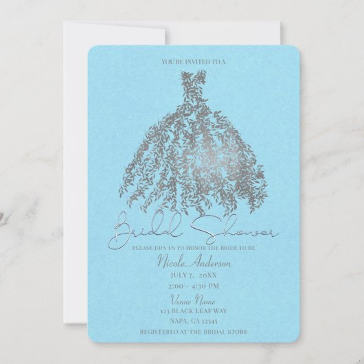 Zilveren & Lichtblauwe Botanische Trouwjurk Bruids Kaart (Voorkant)