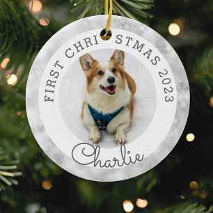 Zilveren Lichtjes Eerste Kerstmis Foto van Huisdie Keramisch Ornament