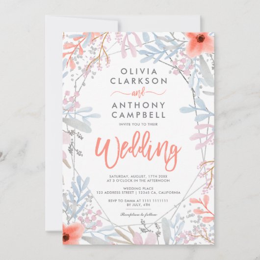 Zilveren lijst Bloemen waterverf script bruiloft Kaart (Voorkant)