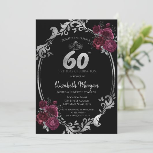 Zilveren Lijst Bourgondische Rozen Zwart 60ste Ver Kaart (Staand voorkant)