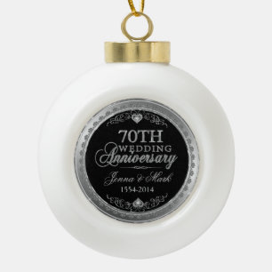 Zilveren Lijst & Harten 70e bruiloft Jubileum Keramische Bal Ornament