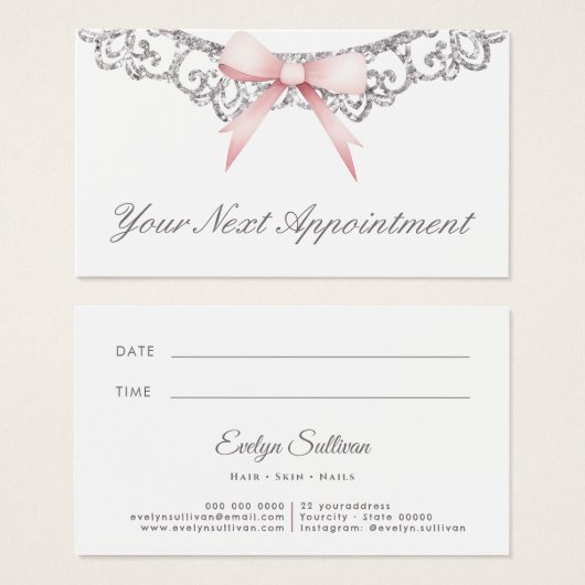  zilveren lijst roze boog afspraak kaart (Voorkant /achterkant)