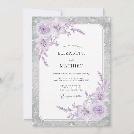 Zilveren Lilac Bloemblad Bruiloft Kaart (Voorkant)