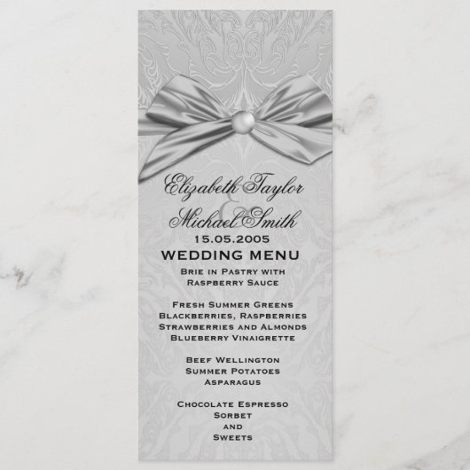 Zilveren lint Elegant Damask Bruiloft Menu (Voorkant)