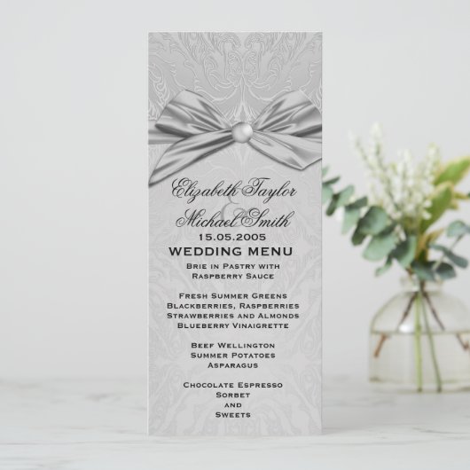 Zilveren lint Elegant Damask Bruiloft Menu (Staand voorkant)
