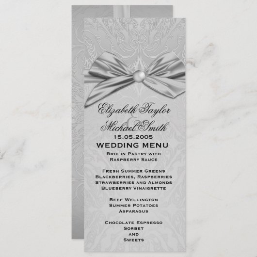 Zilveren lint Elegant Damask Bruiloft Menu (Voorkant / Achterkant)