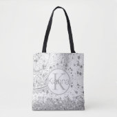 Zilveren Lotus Mandala Glitter Sterren Monogram Tote Bag (Voorkant)