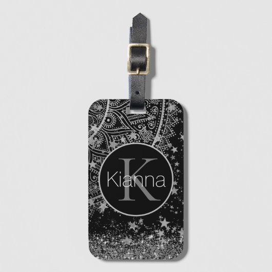 Zilveren Lotus Mandala met Silver Stars Monogram Bagagelabel (Voorkant (verticaal))