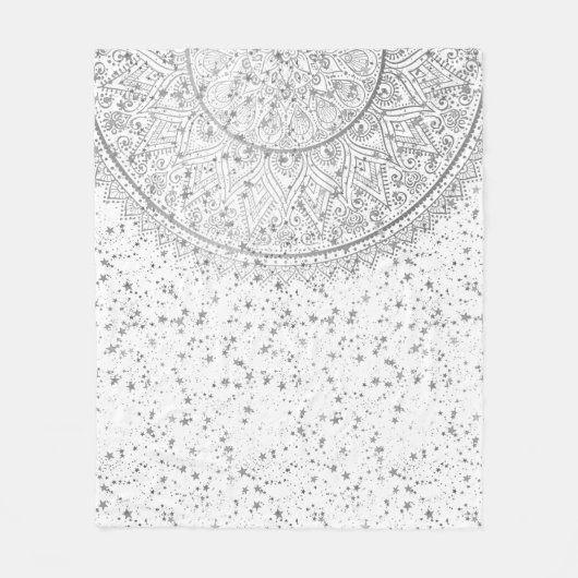 Zilveren Lotus Mandala met Zilveren Sterren op Wit Fleece Deken (Voorkant)
