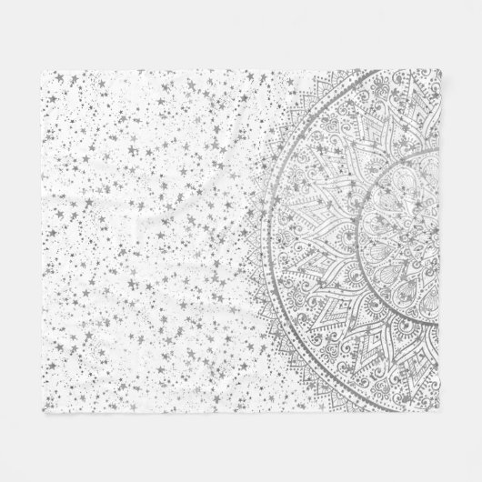 Zilveren Lotus Mandala met Zilveren Sterren op Wit Fleece Deken (Voorkant (Horizontaal))
