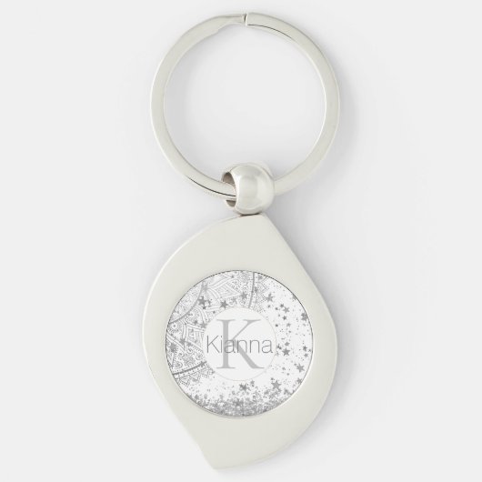 Zilveren Lotus Mandala Sterren Glitter Monogram Sleutelhanger (Voorkant)
