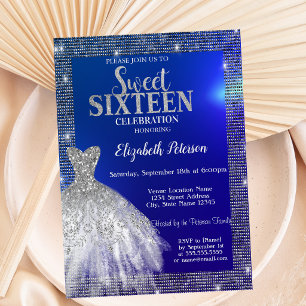 Zilveren lovertjes, jurk blauwe Sweet 16  Kaart
