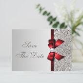 Zilveren lovertjes, rode strik en diamant save the date (Staand voorkant)