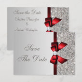 Zilveren lovertjes, rode strik en diamant save the date (Voorkant / Achterkant)