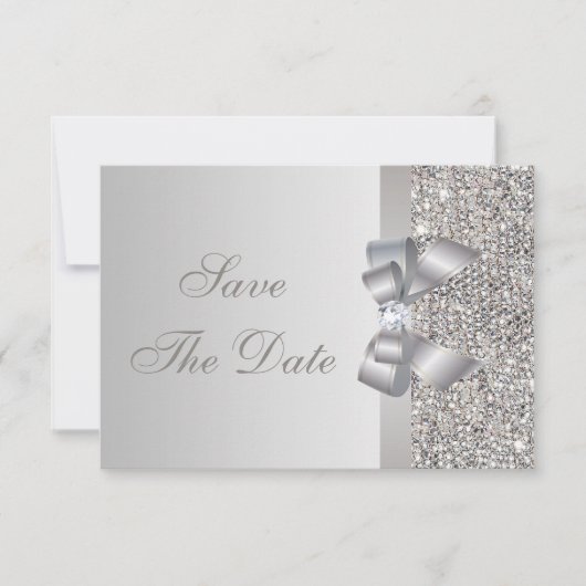 Zilveren lovertjes, strik en diamant save the date (Voorkant)