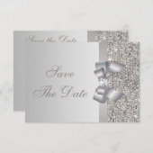 Zilveren lovertjes, strik en diamant save the date (Voorkant / Achterkant)