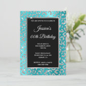 Zilveren Luipaard Glitter Turquoise Blauwe Verjaar Kaart (Staand voorkant)
