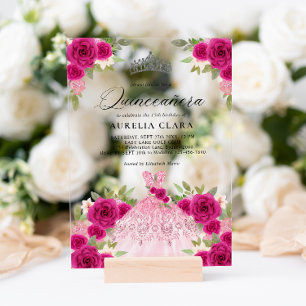 Zilveren Magenta Roze Jurk Bloem 15e Quinceañera Acryl Uitnodigingen