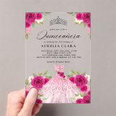Zilveren Magenta Roze Jurk Floral 15e Quinceañera Acryl Uitnodigingen (Insitu (Draagbaar))