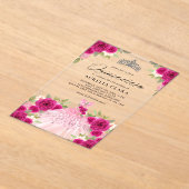 Zilveren Magenta Roze Jurk Floral 15e Quinceañera Acryl Uitnodigingen (Laagn)