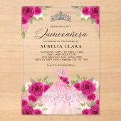 Zilveren Magenta Roze Jurk Floral 15e Quinceañera Acryl Uitnodigingen (Voorkant)