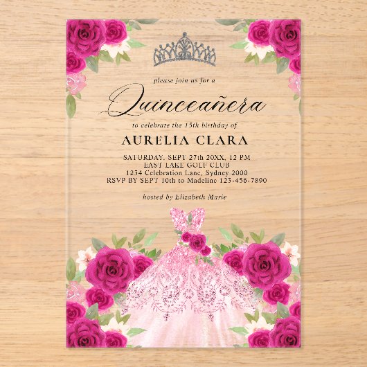 Zilveren Magenta Roze Jurk Floral 15e Quinceañera Acryl Uitnodigingen (Voorkant)