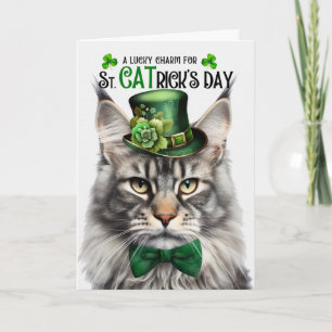 Zilveren Maine Coon St CATrick's Day Lucky Charm Feestdagen Kaart