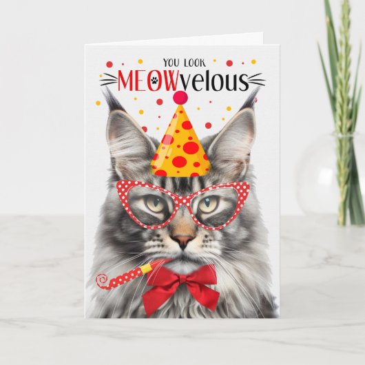 Zilveren Maine Coon Tabby Kat MEOWvelous Verjaarda Kaart (Voorkant)