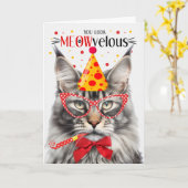 Zilveren Maine Coon Tabby Kat MEOWvelous Verjaarda Kaart (Gele Bloem)