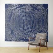 Zilveren Mandala Boho Chic Elegante Navy Blauwe El Wandkleed (In Situ (horizontaal))