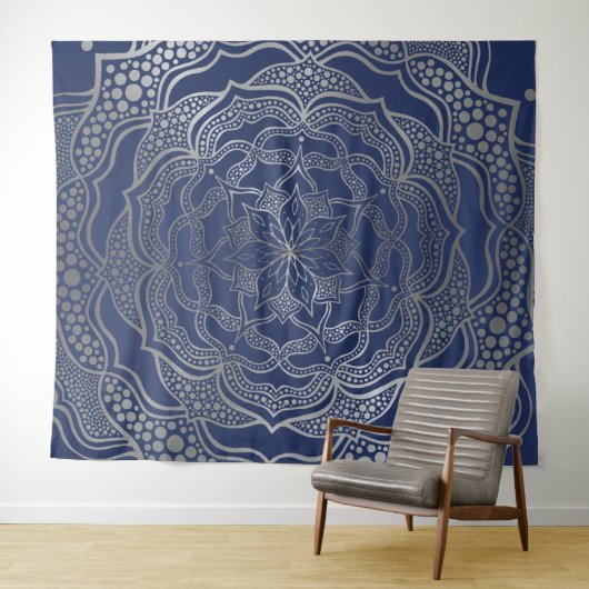 Zilveren Mandala Boho Chic Elegante Navy Blauwe El Wandkleed (In Situ (horizontaal))