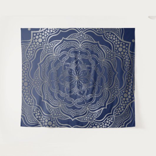 Zilveren Mandala Boho Chic Elegante Navy Blauwe El Wandkleed (Voorkant (horizontaal))