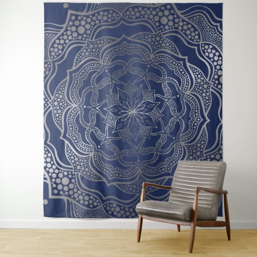 Zilveren Mandala Boho Chic Elegante Navy Blauwe El Wandkleed (In situ)