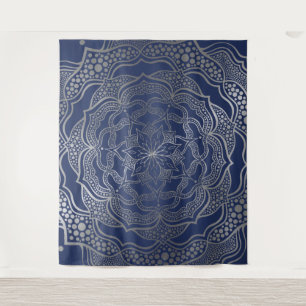 Zilveren Mandala Boho Chic Elegante Navy Blauwe El Wandkleed
