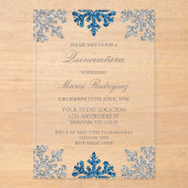 Zilveren Marine Blauw Sneeuwvlok Winter Quinceaner Acryl Uitnodigingen (Voorkant)