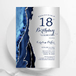 Zilveren Marine Blauwe Agaat 18e Verjaardag Kaart<br><div class="desc">Marineblauw en zilveren agaat 18e verjaardagsfeestuitnodiging. Elegant modern ontwerp met een koningsblauwe waterverf agaat marmeren geode achtergrond,  faux glitter silver en typografie script lettertype. Trendy uitnodigingskaart perfect voor een stijlvol vrouwenfeest. Gedrukte Zazzle-uitnodigingen of direct download digitale afdrukbare sjabloon.</div>