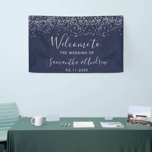 Zilveren marine blauwe confetti typografie bruilof spandoek (Beurs)