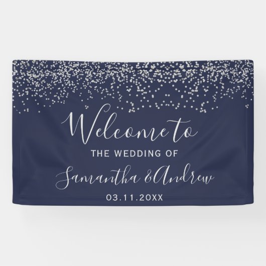 Zilveren marine blauwe confetti typografie bruilof spandoek (Horizontaal)