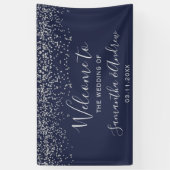 Zilveren marine blauwe confetti typografie bruilof spandoek (Verticaal)