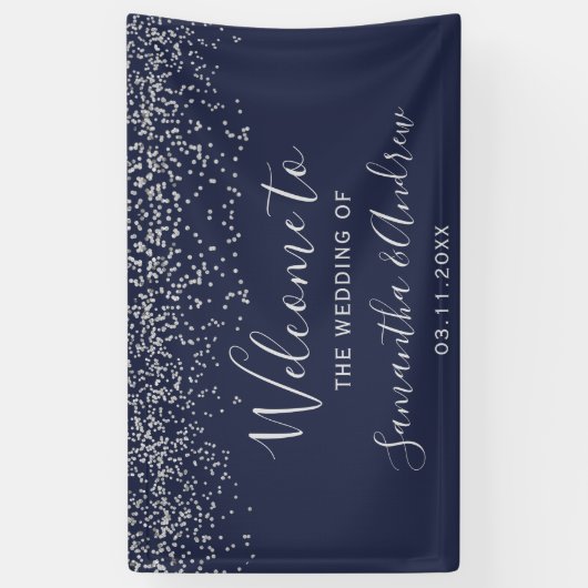 Zilveren marine blauwe confetti typografie bruilof spandoek (Verticaal)